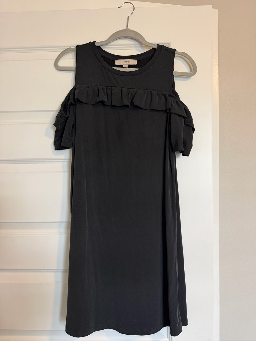 LOFT Black Cold-Shoulder Ruffle Midi Dress